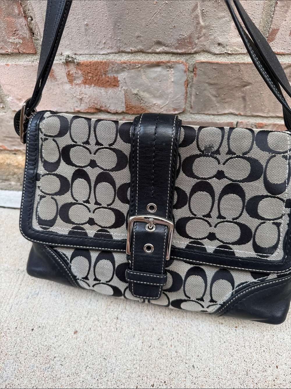 Coach Black and Khaki Signature Canvas Buckle Shoulder Bag